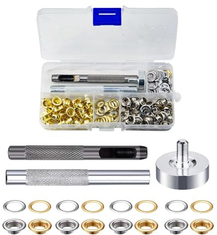 100 Sets Eyelet Punch Kit, Grommet Kit, Eyelets and Punch Grommet Punch Tool Kit, Metal Gold and Silver Eyelets