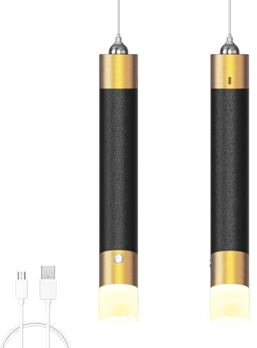 LANMOU 2 Stück LED Akku Pendelleuchte, Schwarz Gold Hängelampe mit Batterie, 4500 mAh Akku, Hängelampe ohne Strom, Batteriebetrieben Zylinder Pendelleuchte für Schlafzimmer Nachttisch Esstisch, 33cm