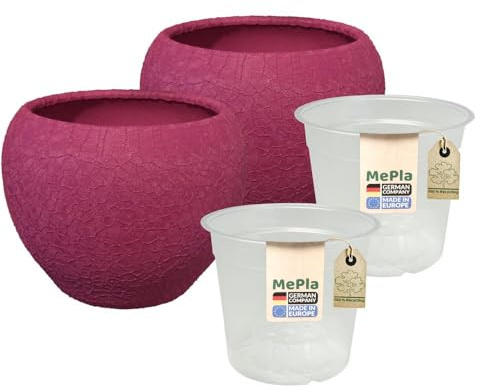 MePla - 2 Stück - Orchideenübertopf Kugel Lizzard ø 14 Pflaume Pflanztopf Orchidee ø 12, hochwertiges Wohnambiente