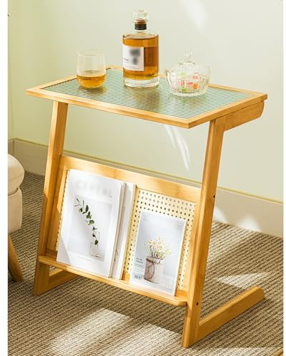 Table d'appoint en rotin avec Porte-revues, Table Basse en Bambou Jaune pour Salon et Chambre – Table de Chevet bohème