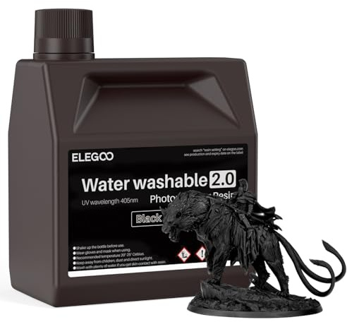 ELEGOO Upgraded Wasser Waschbares 3D Drucker Resin 2.0, Schnell Aushärtendes Photopolymerharz für LCD DLP SLA Resin Drucker, 395-405nm UV-Aushärtung 3D-Druckflüssigkeit, Schwarz 2000g