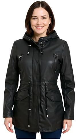 Women’s Real Leather Hooded Parka Jacket – Multi-Pocket Trench Coat