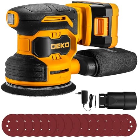 DEKOPRO Akku Exzenterschleifer 125mm, Exenterschleifmaschine mit 7 Geschwindigkeiten, 13000 U/min, Staubbeutel und 15 Schleifpapieren, Schleifmaschine für Holzbearbeitungsprojekte und DIY