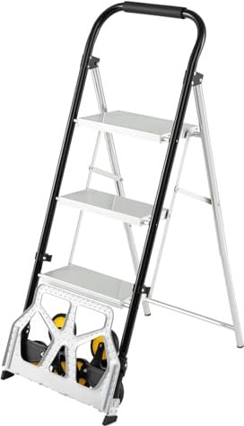 GOPLUS Carretilla Plegable 2 en 1 con Escalera de Aluminio | Carretilla de Transporte con Pedales Antideslizantes, Ruedas de Goma y Capacidad de 250 kg para Hogar Almacén Oficina
