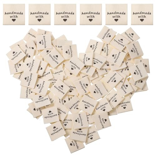 Jeffdad 100 Stück Handmade Label Zum Annähen Beige Handmade Stoffetiketten | Love Etiketten Nähen Label Stoff Etiketten Tags Textiletiketten zum Einnähen für Kleidung Schals Hüte DIY Näharbeit Deko