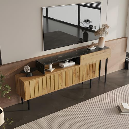 Raeln TV Lowboard 129 cm Dunkelholz Fernsehschrank mit Marmor Optik Stauraum Fach TV Bank in Holzoptik für Schlafzimmer Wohnzimmer Sideboard mit Kabelmanagement