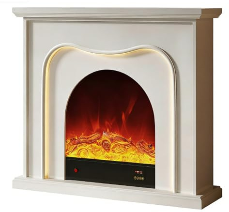 Manteau de cheminée Foyer électrique avec manteau, cadre en bois de chêne blanc massif, effet flamme LED réaliste Décoratif(Blanc)