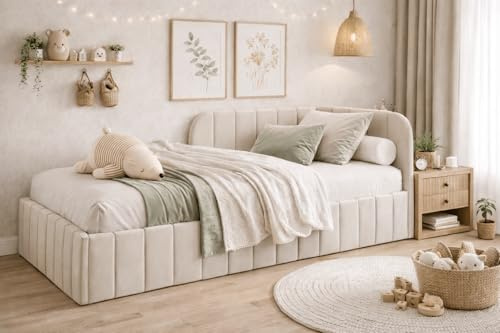 MOEBELPAKET.de Bett Mario 90x200 cm, Metallrahmen, Oeko-Tex, Beige, Rechts | Betten Mario, Polsterbett, Jugendbett mit Bettkasten, Eleganter Riviera-Stoff