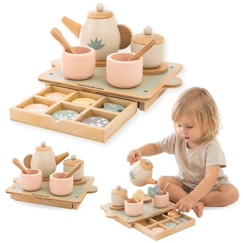 Mamabrum Holz Teeset Kinder 18-teilig mit Tablett, Teekanne, Tassen und Zubehör aus Holzwerkstoff, Rollenspiel Spielzeug für Kinder ab 3 Jahren, Unisex
