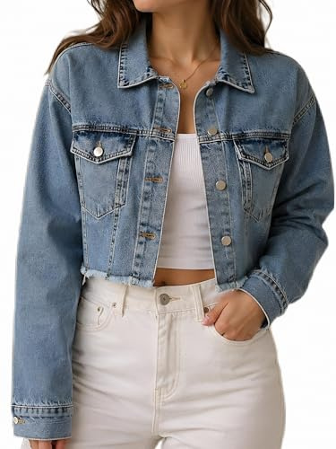 NIKOONOVA Women's Cropped Denim Jacket, Short Boxy Fit Jean Jacket (S–XL)