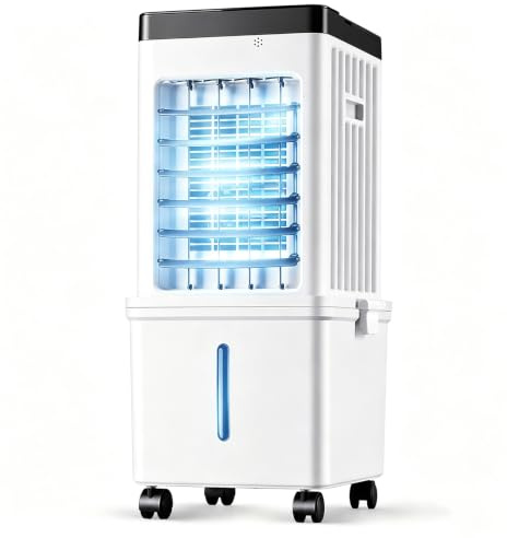 Raffrescatore D'aria Evaporativo Portatile, Climatizzatore 3 In 1, Swamp Cooler con 3 Velocità, Serbatoio Acqua Doppio 15L, Oscillazione 90°, Pannello Di Raffreddamento Spesso, 4 Ruote