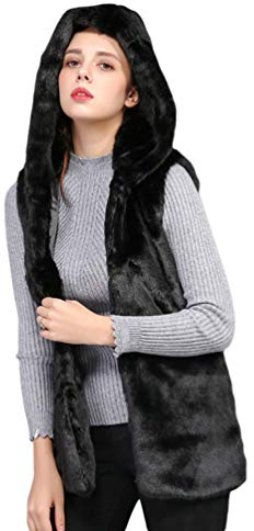 YuanDian Donna Gilet Pelliccia Sintetica con Cappuccio Tinta Unita Baggy Caldo Morbidi Elegante Signora Midi Lungo Giubbotto Senza Maniche Pelliccia Ecologica Smanicato Nero 2XL
