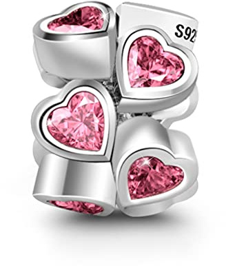 GNOCE 925 Sterling Silber Rosa Kristall Herz zu Herz Charm und Choker Bead Anhänger passt Schlangenkette Armbänder/Halskette Glück Charms Frauen Mädchen Geschenk