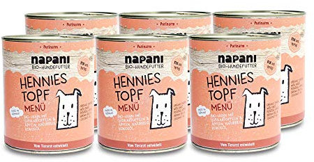 napani - Premium Hundefutter nass, Bio Nassfutter für Hunde, Hennies Topf mit Huhn, Naturreis & Süßkartoffeln, purinarm, schonend gegart & ohne Zusatzstoffe, 6 x 800g