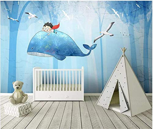 Papier Peint Panoramique Tapisserie Intissé Murales 3D Décoration Murale Effet Trompe Loeil Dessin Animé Mignon De Forêt Baleine
