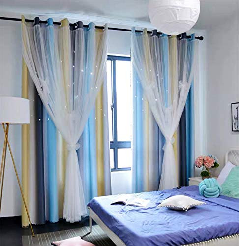 YANCORP Raumverdunkelnd, lichtblockierend, grau-blau, weiß, durchsichtige Spitze, abnehmbare Fliegen, Kinderzimmer, Dekoration, Ombre-Vorhänge, Sterne, Wohnzimmer (Grau Blau, B 132 x L 96 cm)
