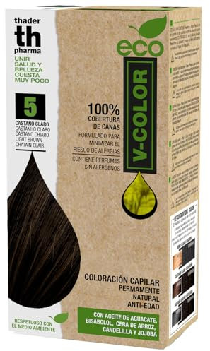Thader Th Pharma ECO V-Color Kit de Coloración Capilar Permanente sin amoniaco 100% cobertura de canas, 120 ml (No. 5 Castaño claro)