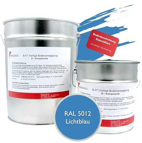 MANADATEC 2k Epoxidharz Bodenbeschichtung 1kg I RAL 5012 Lichtblau I Lösemittelfrei, Umweltfreundlich & Geruchsneutral I Beschichtung für Garagen- & Kellerböden I Hohe Schlagfestigkeit
