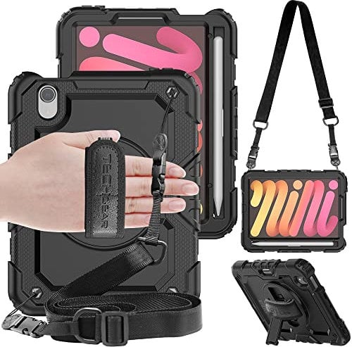 TECHGEAR Utility Hülle für iPad mini 7 / Mini 6 (7. / 6. Generation 8,3 Zoll) Robust Heavy Duty Stoßfeste Schutzhülle mit 360 Grad Schwenk ständer, Hand Schultergurt - Eingebaut Bildschirm - Schwarz