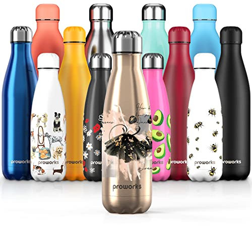 Proworks Edelstahl Trinkflasche | 24 Std. Kalt und 12 Std. Heiß - Vakuum Wasserflasche - Isolierflasche für Sport, Laufen, Fahrrad, Yoga und Camping - 1 Liter - Gold - Balletttänzer