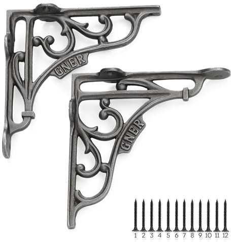 Edenic 2pcs Scaffold Board Shelf Brackets - 5x5 Inch Cast Iron Heavy Duty Wall Bracket for Shelves with 12 Wall Mounted Screws 25mmx3.5mm for Kitchen, Living Room, Outdoor Countertop Support