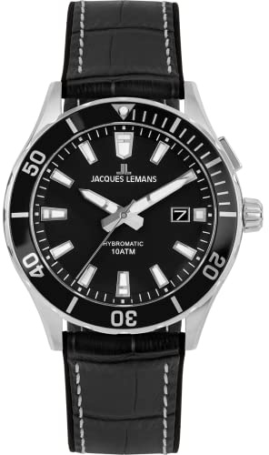 JACQUES LEMANS Herrenuhr, Hybromatic Uhren Männer, Chronograph aus massivem Edelstahl mit Silikon-Leder Armband, Model 1-2131