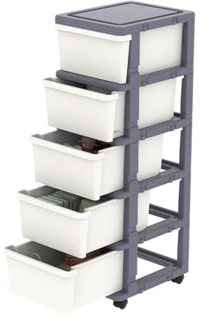 Cetomo Plastic Storage Drawers Unit, Storage Drawer on Locking Wheels, Tower with Interlocking Hooks for Home Office Closet Bedroom Dorm, Detachable, Free Combination, White and Gray, 5 Drawers