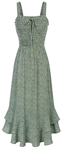 Damen Maxikleid Blumenkleid Freizeitkleid Swing Trägerkleid Sommerkleid Hochzeit XL Grün-Weiße Blume
