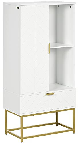 kleankin Armoire Salle de Bain Meuble de Rangement 1 Placard Porte, 2 niches, 1 tiroir - Design Contemporain Graphique - en Bois et Acier - dim. 60L x 30l x 120H cm Blanc