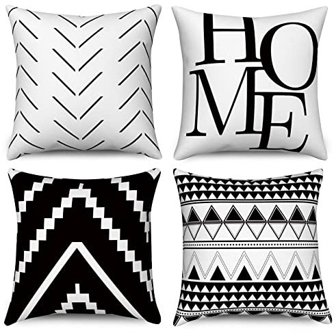 Hnmdmyi Kissenbezüge Schwarz und Weiß 40x40 4er Set, Boho Kissenbezüge Bauernhaus Modern Einfaches Geometrisches Muster Dekorative Leinen Kissenhülle für Sofa Couch Bett Garten Outdoor Home Decor