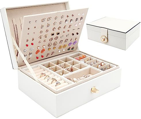 Nswayy Schmuckkästchen Mädchen Damen Schmuckaufbewahrung Schmuckschatulle PU-Leder Schmuck Organizers Jewelry Box Schmuckbox für Halsketten Ohrring Ring Armbänder Weiß