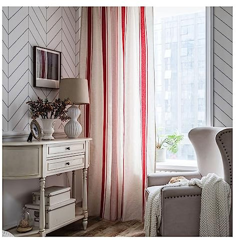 Homxi Vorhänge Wohnzimmer Halbtransparent 2er Set 2 x 150W x 240H cm,Voile Gardinen Vorhang Rot Weiß Streifen Muster Gardinen mit Rod Pocket