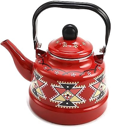 PIDUDU 2.5L Enamel Teapot Stove Top Kettle,Large Capacity Teapot Geometric Patterns Kettle Enamel Coated Vintage Stainless Steel Vintage Flat Bottom Decorative Water (Red)