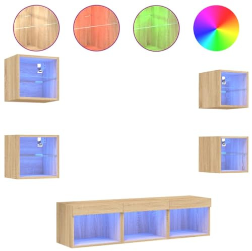 vidaXL Wohnwand 7-TLG., Schrankwand mit viel Stauraum, Anbauwand mit LED-Beleuchtung, Wandmontage Fernsehschrank Wohnzimmer Set, Sonoma-Eiche Holzwerkstoff