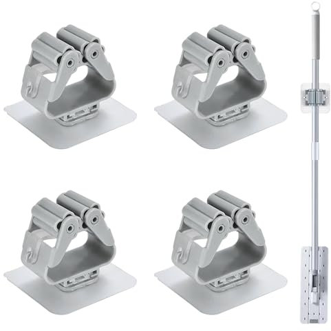BEIBXHQQ Pack of 4 Self-Adhesive Broom and Mop Holder Wall Hanging Stand - No Drilling Required (6 x 6 Transparent Grey)