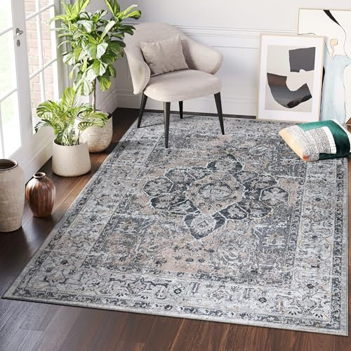 TAPISO Ritz Teppich Kurzflor Grau Beige Vintage Rosette Waschbarer Teppich rutschfest Dünn Indoor Wohnzimmer Schlafzimmer Küche ÖKO-TEX 160 x 220 cm