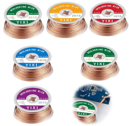 6 Pezzi Treccia di Dissaldatura, 1.5 m Filo di Rame Dissaldante (1,0/1,5/2,0/2,5/3,0/3,5 mm) Strumento di Rimozione Dello Stoppino per Saldare per Rimozione della Saldatura nelle Giunzioni Saldate