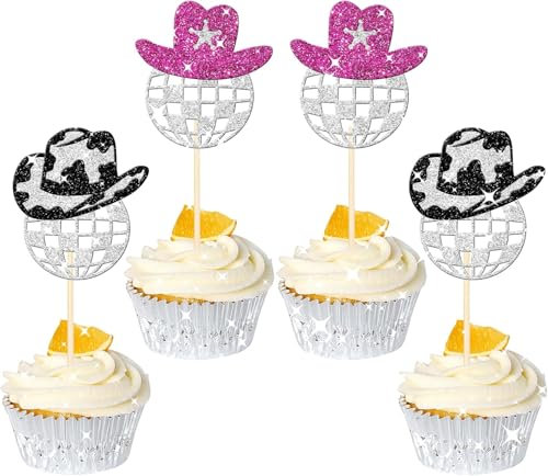 SYKYCTCY 24 Pack Sparkling Disco Ball Cupcake Toppers Western Cowboy Hat Cupcake Picks Cowgirl 70s Disco Balls Cupcake Decorations for 1970s Music Disco Theme Birthday Party Cake Decorations Supplies