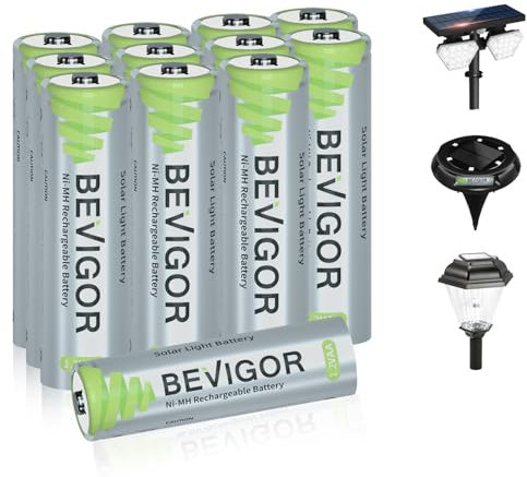 BEVIGOR 12 Piles Rechargeables Solaires AA 1000mAh 1.2V NiMH, Haute Performance, pour Lampes Solaires Extérieures Et Guirlandes Lumineuses