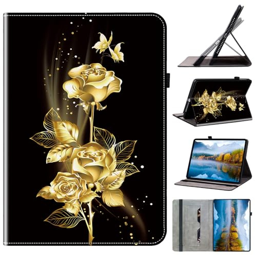 Generisch DayQiQiPu PU Ledertasche für Realme Pad 10,4 Zoll Modell: RMP2102/ RMP2103 Goldene Rose Muster Flip Tablet Hülle Kartenschlitz Ständer Schutzhülle 02