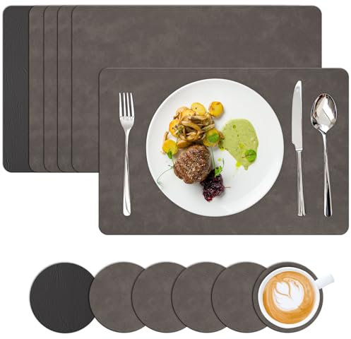 Homwiz Tischset Abwaschbar 6er Set, Doppelseitigen Tischsets Platzsets Abwaschbar, Platzdeckchen mit Untersetzer, Tischset Leder Optik, Platzset Leder Optik, Tischuntersetzer (Schwarz+Braun)