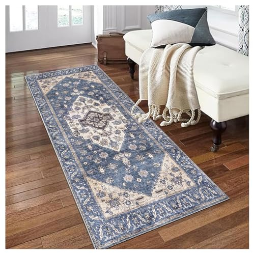Siunwdiy Teppich Läufer Flur Küche 60x260cm Blau Ethno-Muster rutschfest Waschbar Meterware Lang Küchenläufer für Korridor Schlafzimmer Wohnzimmer Polyester Flurteppich mit Traditionellem Design‌