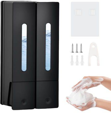 Dispensador de Jabón de Pared sin Taladros 400ml, Dosificador de Gel, Champú y Jabón para Baño, Cocina, Hotel y Oficina – Negro (2 Compartimentos)