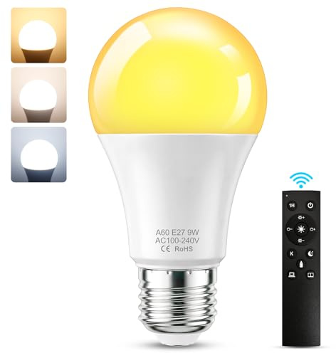 SCNNC A60 Ampoule LED E27 avec Télécommande 9W (Equivalent 60W) Dimmable 3000K-6500K, Ampoule Télécommande E27 LED avec Minuterie Fonction Mémoire, 1 Ampoules et 1 Telecommande