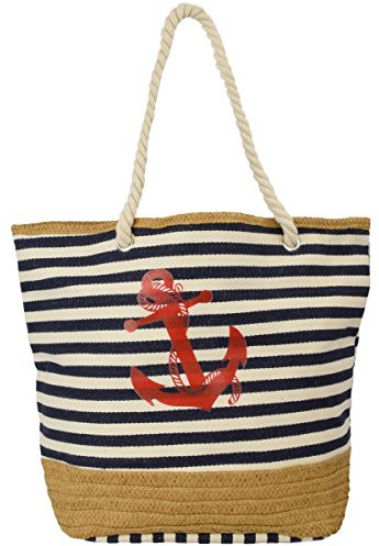 Sonia Originelli Maritimer Shopper Strandtasche mit Ankerdesign Streifen Bastentasche Farbe marine