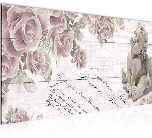 Runa Art Wandbild Engel Blumen 1 Teilig 100 x 40 cm Modern Bild auf Vlies Leinwand Rosen Holz Wohnzimmer Grau 006012a
