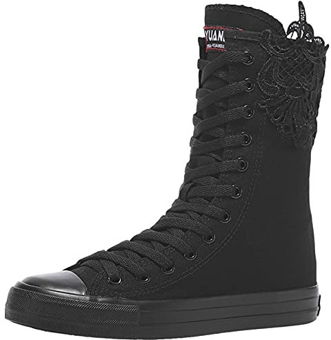 rismart Mujer Botas Lona Media Pierna Punk Altos Cordones Moda Sneakers(Negro (Encaje),38.5 EU)