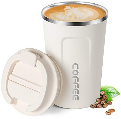 13oz (380ml) Vacuum Insulated Travel Mug, Smilatte Leakproof Double Wall Stainless Steel Reusable Coffee Cup with Lid for Hot & Cold Drinks, Matte Texture White