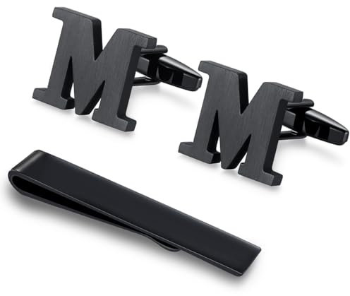 HONEY BEAR manschettenknöpfe & krawattennadel Krawattenklammer Set Initialen Buchstabe Herren Edelstahl Hochzeit Cufflinks Manschettenknopf Schwarz (M)