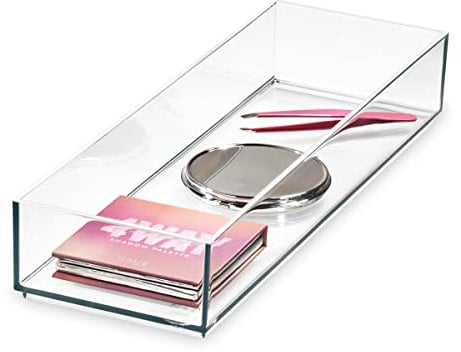 iDesign Drawer Signature Series by Sarah Tanno, Long Plastic PET Organiser, Makeup Storage Tray, Clear/Matte White, 10.2 x 30.5 x 5 cm